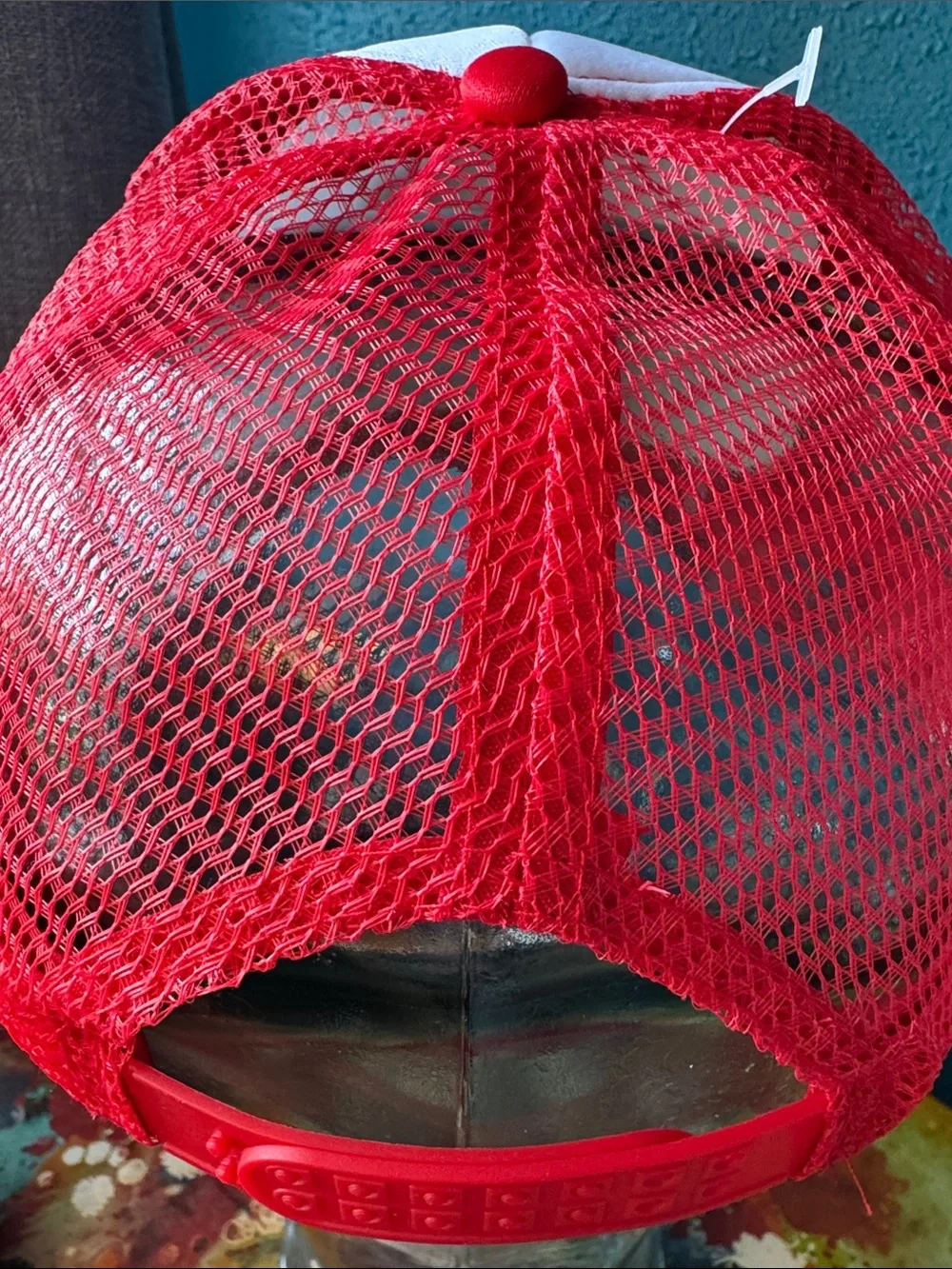 Red and White Trucker Hat with Skeleton Heart Patch